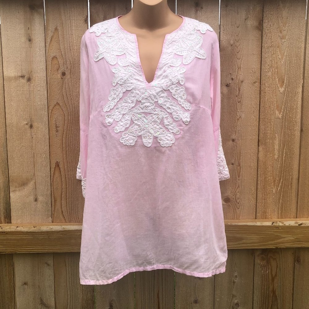Barbara Gerwit Sheer Pink Tunic Top Beaded Starfish Beach Lightweght Women's S